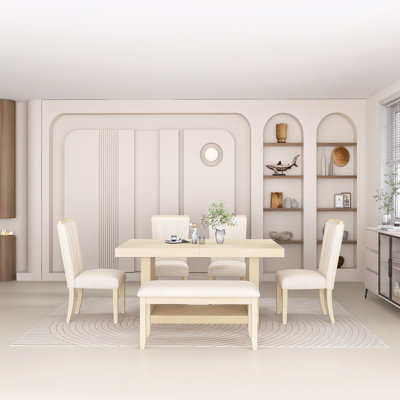 6-Piece Contemporary Extendable Pedestal Dining Table Set With 4 Upholstered Dining Chairs,18Inch Removable Leaf And 1 Dining Bench, Easy To Assembly