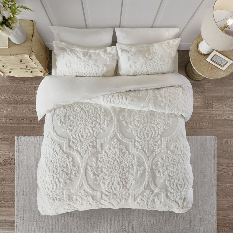 Ensemble de housse de couette en chenille de coton à motif damas capitonné de trois articles Viola, Blanc
