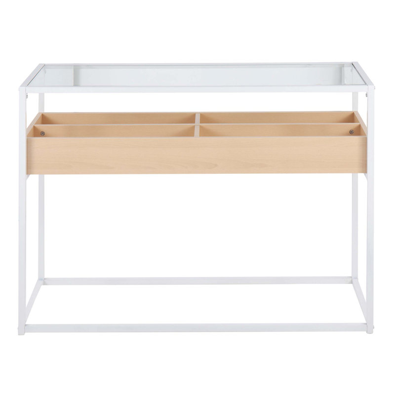 Console contemporaine avec structure en métal, plateau en verre transparent et compartiments de rangement en bois pour les intérieurs modernes
