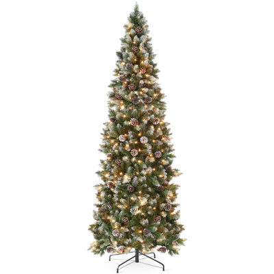 Pre-Lit Partially Flocked Pencil Christmas Tree w/ Lights, Pine Cones, Foldable Stand