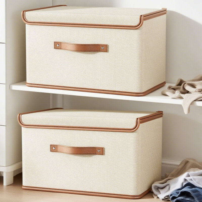 Paquet de 2 grands bacs de rangement en tissu avec couvercles pliables et pliables, boîtes de rangement pour placard avec poignées pour bureau à domicile Bas Paniers de rangement avec poignée, pour livres, placard, chambre à coucher, maison