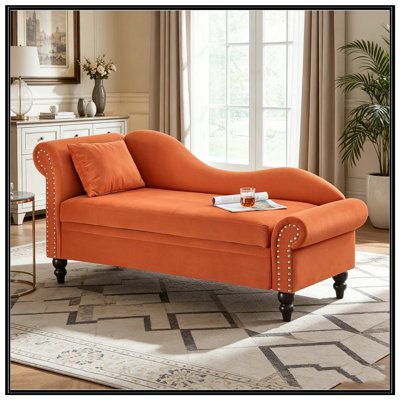 Chaise longue en velours avec rangement, accoudoir gauche et coussin lombaire