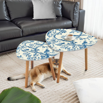 Triangle Nesting Coffee Table Set of 2 Toile De Jouy Vintage Floral Seamless Elegant Graphics 15 Featuring End Table Modern Minimalist Side Table Set for Living Room Bedroom