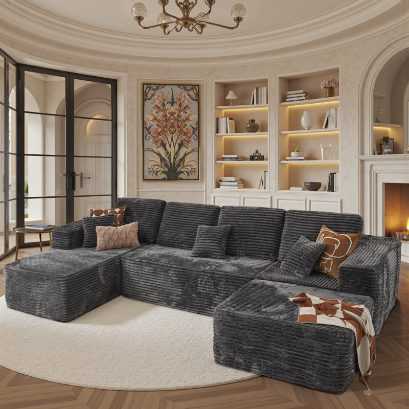 Koyu Compression Packed 6-Person Cloudelle Plush Corduroy Fabric Cloud Sectional With U-Shape Chaise,Modern Modular Sofa With Deep Seat, Upholstered Boneless Couch For Living Room Bedroom,No Assembly Required