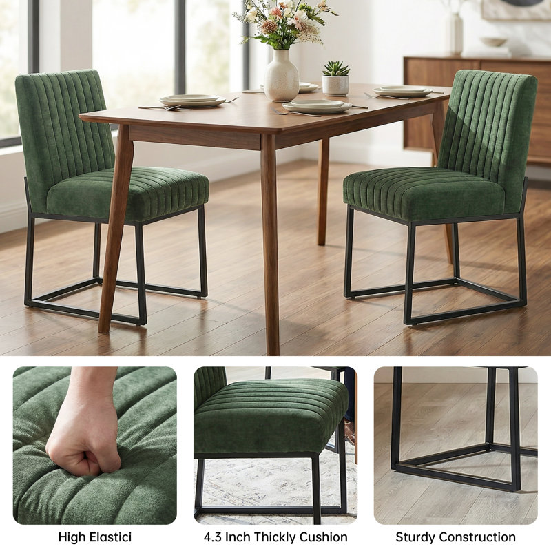  19.9'' H Striped Polyester Fabric Upholstered Dining Side Chairs (Set of 4), 4, Green Quilted Polyester