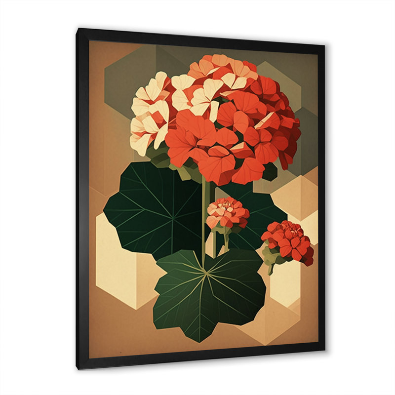Rétro géranium en rouge et vert II - Art mural sur toile florale, Cadre photo noir, H 20 po x l 12 po x P 1 po