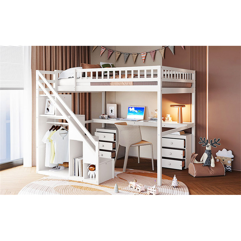 Lit mezzanine avec deux commodes, Lit double, Blanc