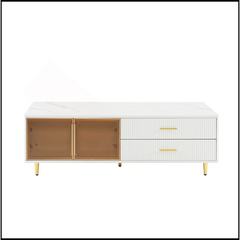 Table basse moderne blanche avec 2 portes de rangement en verre, 4 tiroirs, des pieds en métal doré et un éclairage multicolore de 47,2 po