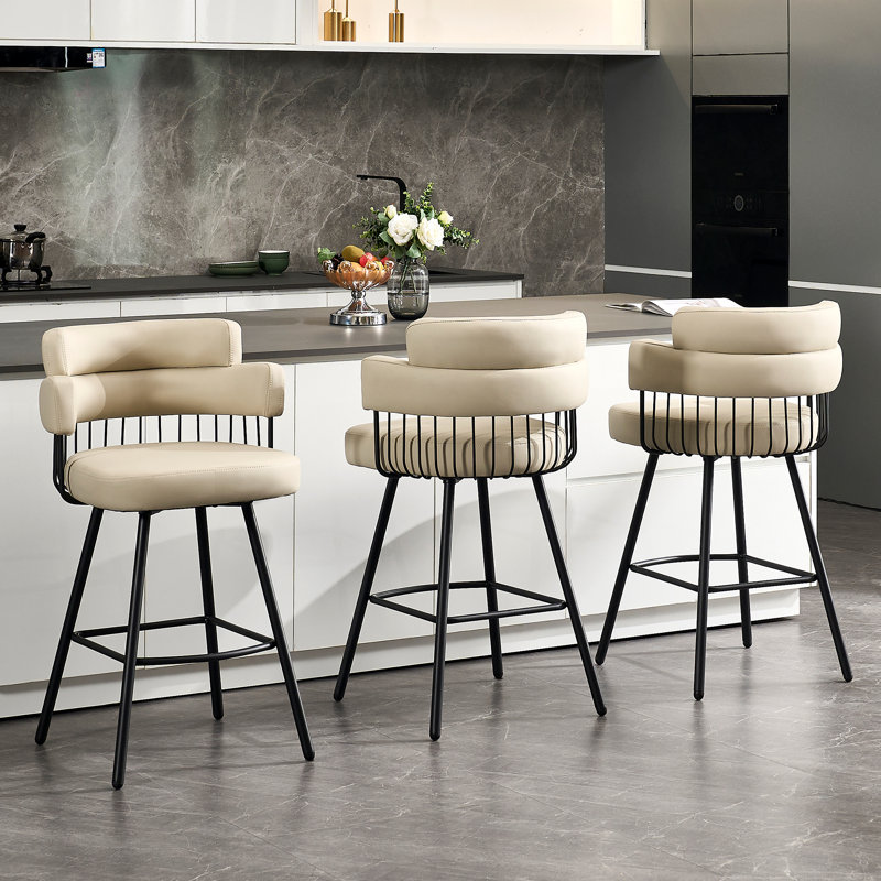 Upholstered Counter Stool with Metal Frame, Beige