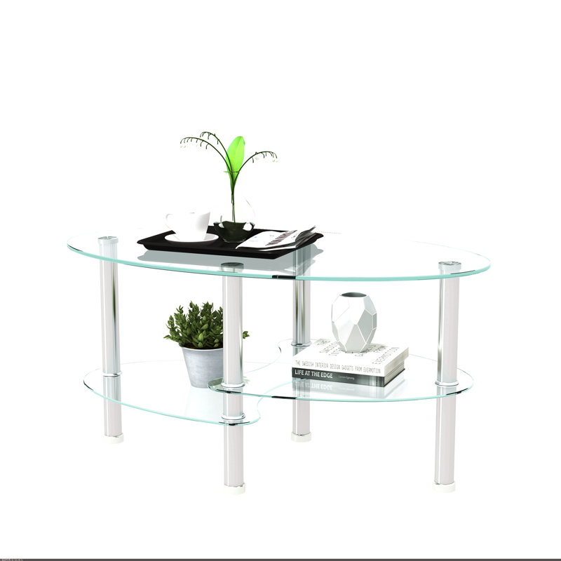 Table basse ovale transparente en verre, table moderne avec pieds en acier inoxydable, table à thé en verre à 3 couches pour le salon