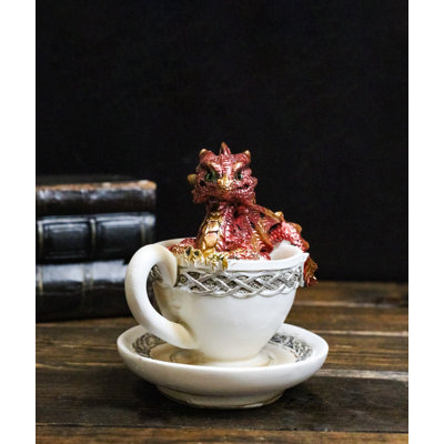 Red Metallic Baby Wyrmling Dragon Bathing In Tea Cup with Saucer Figurine