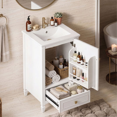 Meuble-lavabo de 20 po avec lavabo en céramique, meuble-lavabo autoportant avec armoire de rangement, support de rangement, fabrication robuste, finition peinte lisse