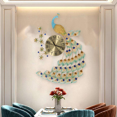 Horloge murale de luxe paon en métal 8,7 pouces art moderne à piles silencieux pour le salon