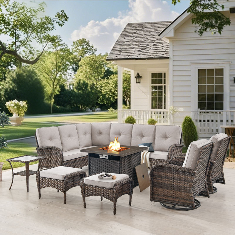  Valierius L-Shaped Outdoor Sectional Sofa Set With Fire Pit, Swivel Chairs & Ottomans, Beige