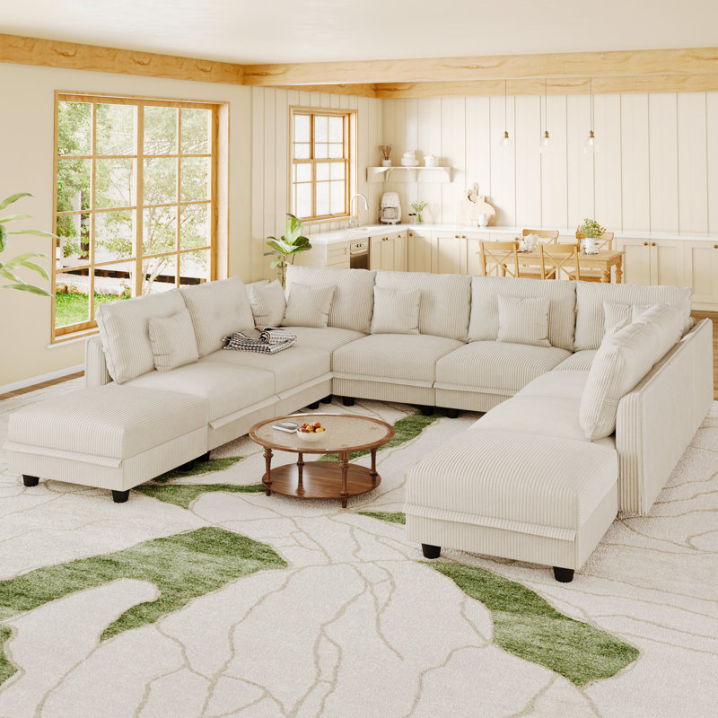 10 Seat Corduroy Convertible Modular Sectional Sofa With Storage, 8 Back Cushion 8 Throw Pillow, Beige Corduroy