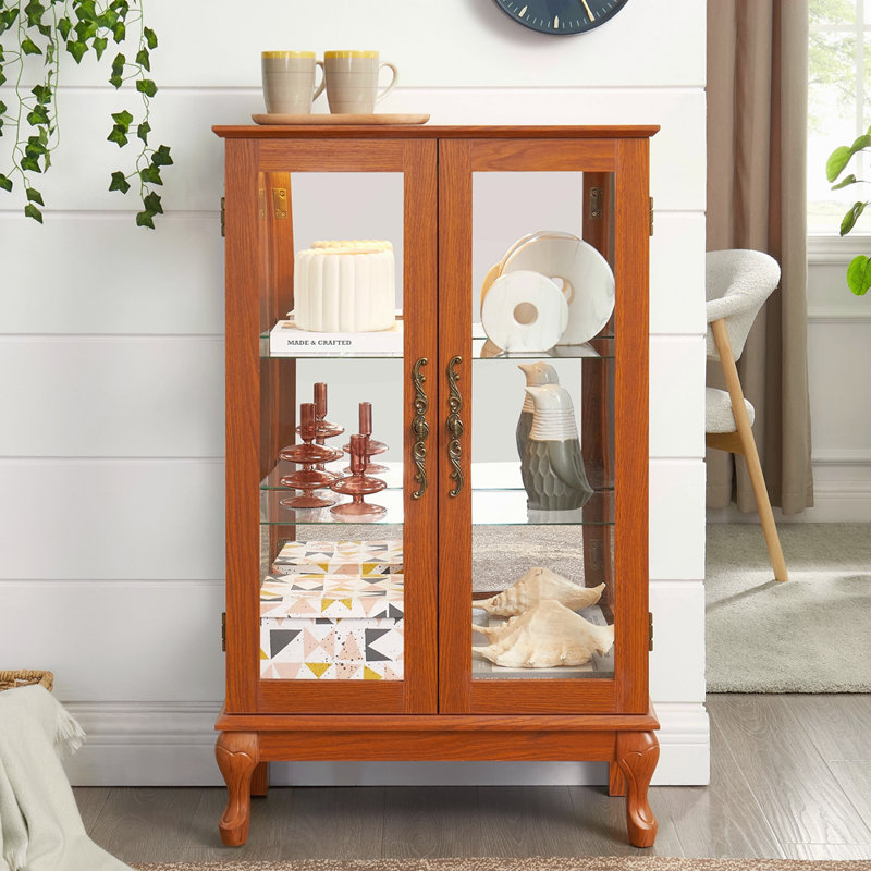 2 Doors Curio Cabinet With Tempered Glass Doors, Curio Cabinets With Mirrored Back Panel And Adjustable Shelves, Lighted Display Cabinet For Home, Office Light Bulb Included
