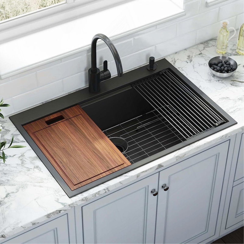 36 Inch Gunmetal Black Drop In Workstation Kithchen Sink -36 "X 22" 16 Gauge Topmount Drop In Single Bowl Stainless Steel Kitchen Sink With Accessories