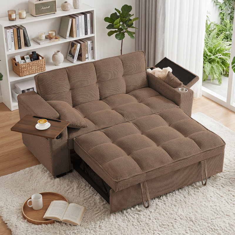 Canapé-lit convertible l 65 po 3 en 1, causeuse escamotable avec table d'appoint et ports USB et ports Type-C avec accoudoirs de rangement Vincy