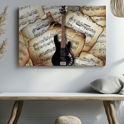 Canvas A Vintage Style Collage Featuring A Black Electric Bass Guitar Wall Art Prominently Centered Its Polished Body Reflecting Soft Canvas Wall Art
