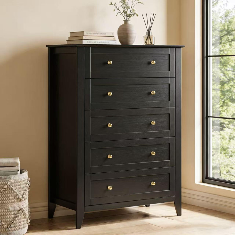 Commode haute 5 tiroirs 2 pièces, commode en bois avec poignées dorées, noir