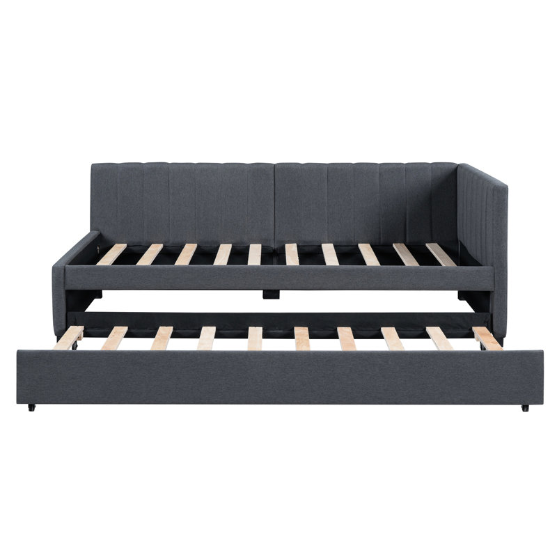 Lit de jour sans sommier avec couchette simple, tissu en lin (gris), tissu d'ameublement de taille compacte, propriété de lit solide, ressort, élément gris