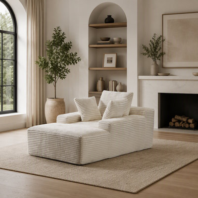Très grand méridienne surdimensionnée, canapé-lit douillet en velours côtelé moelleux moderne avec 3 coussins décoratifs et accoudoirs larges pour le salon, sans assemblage requis, blanc