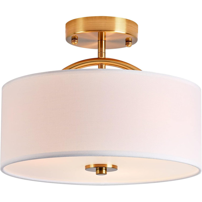 Maizee Flush Mount Ceiling Light,13 Inch Mid Century Modern Ceiling Light Fixture,Antique Brass With Fabric Shade,3-Light Drum Light Fixture For Bedroom,Dinning Room,Foyer And Kitchen