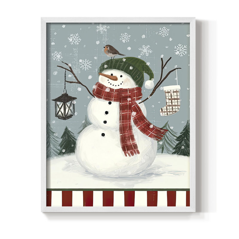 Jolly Snowman Collection B Framed Print - Solid Wood, 15" H x 12" W, White Framed