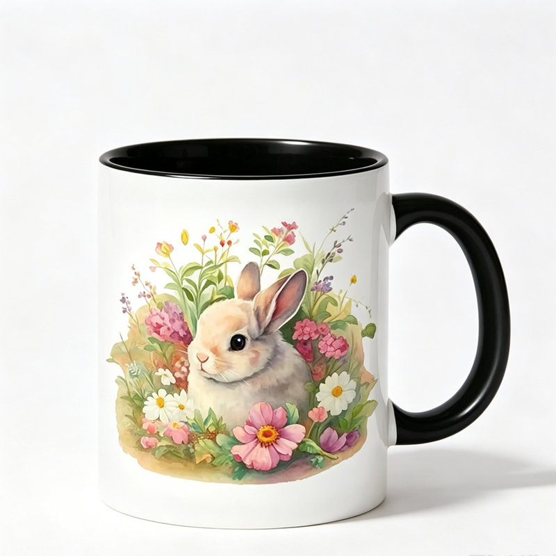 Ceramic Coffee Mug with Bunny Floral Logo & Non-Slip Base Suitable for Tea, Milk, Water Reusable Cup.