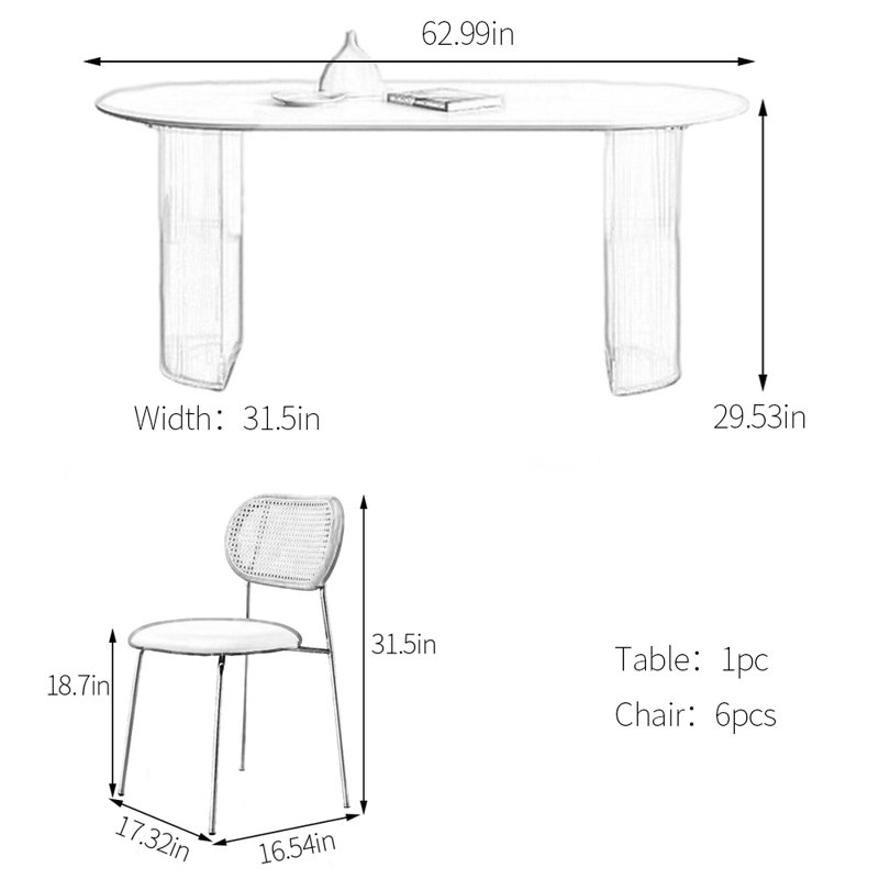Ensemble de table de salle à manger en pierre frittée blanche, H 29,53 po x L 62,99 po x l 31,5 po