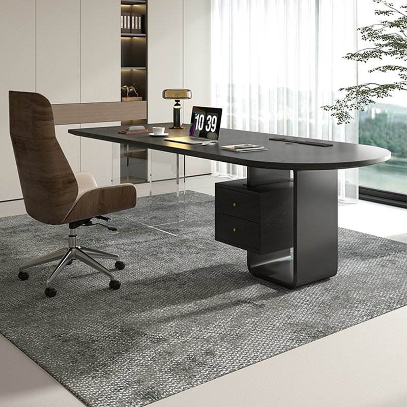 Bureau en bois massif noir + demi-cercle transparent + acier + acrylique avec 2 tiroirs, H 29,53 po x l 86,61 po x P 31,5 po