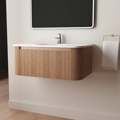 Meuble-lavabo mural simple 42 po avec lavabo, comptoir en marbre blanc de Carrare, lavabo en céramique, armoire en bois courbé rayé avec tiroir à fermeture en douceur