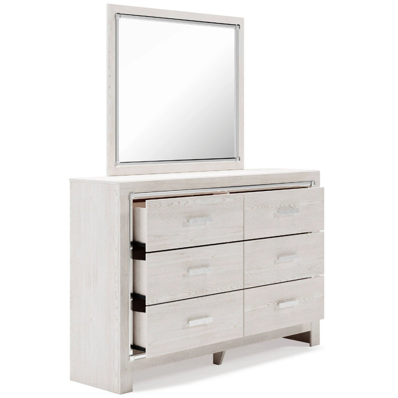 Ensemble 2 pièces commode et miroir Aly, 6 tiroirs avec poignées chromées, blanc Aly