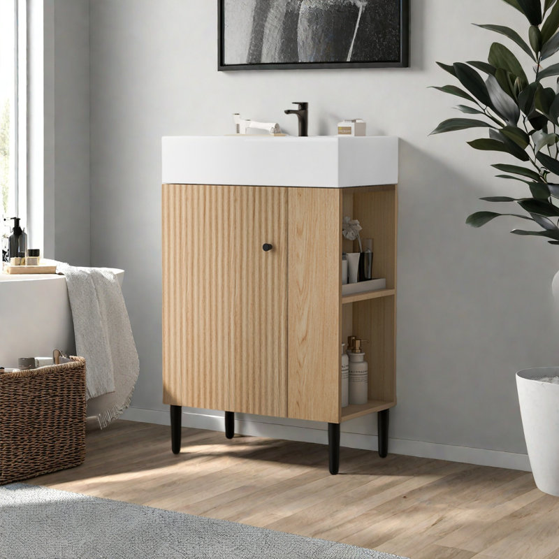 Meuble-lavabo en bois 21,6 po, armoire combinée, meuble de rangement pour salle de bain, lavabo simple en céramique