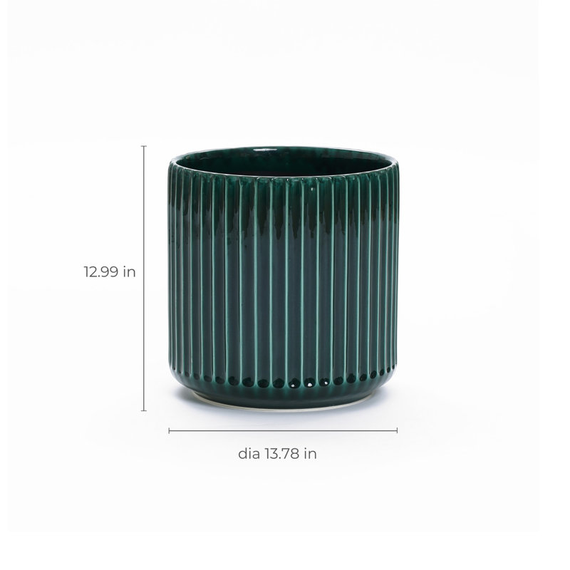 Jade Green Ribbed Round Ceramic Planter, 12.99" H x 13.78" W x 13.78" D
