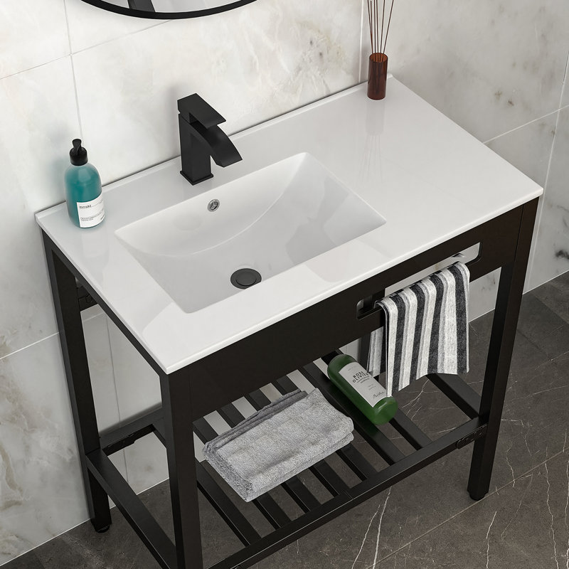Lavabo de console de salle de bain en céramique 32 "x 18,5" avec trop-plein et pieds noirs