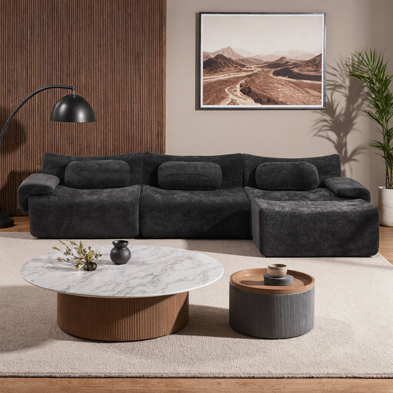 Canapé modulaire moderne à assise profonde en chenille moderne avec coussins, 3 + 1 places en jaune ensoleillé pour le salon et la chambre à coucher
