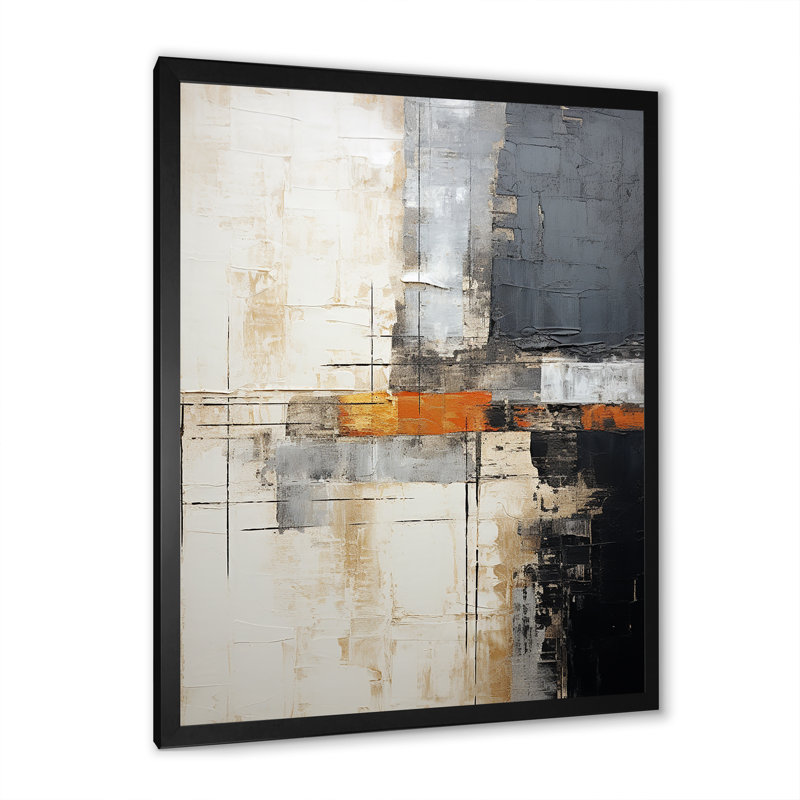 Abstrait, collage de route gris beige I - Collages abstraits, reproductions d'art mural, Cadre simple noir