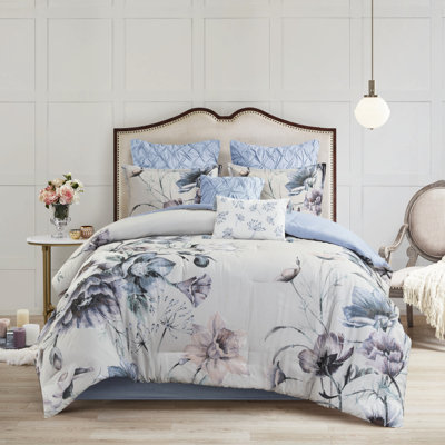 Édredon 8 pièces - très grand, imprimé en coton bleu, chambre à coucher, motif floral élégant et coussins décoratifs en coton très grand imprimé, look, literie lavable à la machine