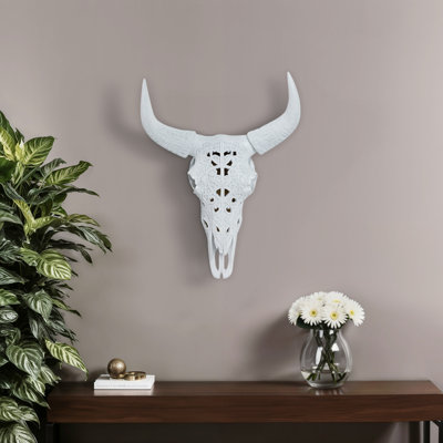 Wall Hanging Polyresin Intricately Carved Animal Skull Design Modern Decorative Accent