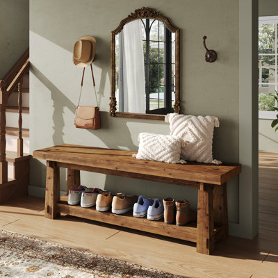 55" Solid Wood Entryway Bench with Shoe Storage, Rustic Charred Wood Grain Foyer Bench with Open Shelf for Hallway, Mudroom, Bedroom, Easy Assembly by Millwood Pines