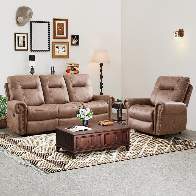 Ensemble de salon inclinable 2 pièces avec fauteuil relevable et canapé manuel, Brun rétro