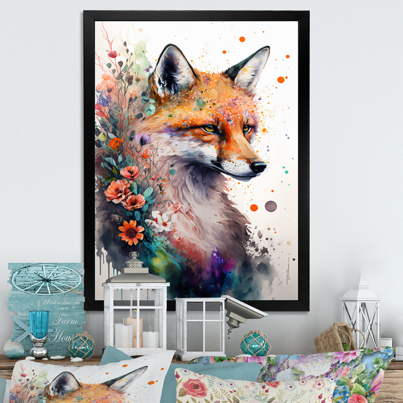 Mignon renard, art floral I - peinture sur toile, H 20 po x l 12 po x P 1 po, Impression noire sur toile encadrée