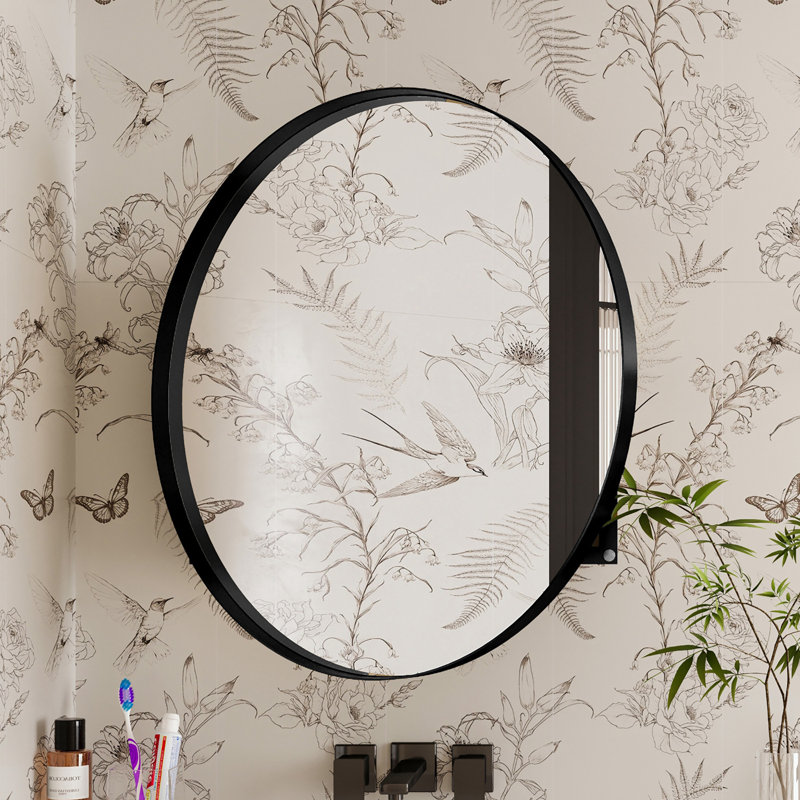 Miroir mural rond avec tablettes réglables, Noir