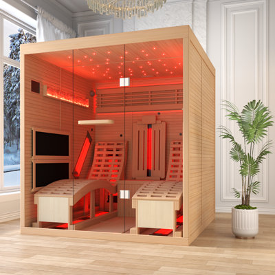 Sauna infrarouge d'intérieur avec fauteuil inclinable pour 2 personnes Erommy, sauna domestique avec Bluetooth et verre trempé, pruche