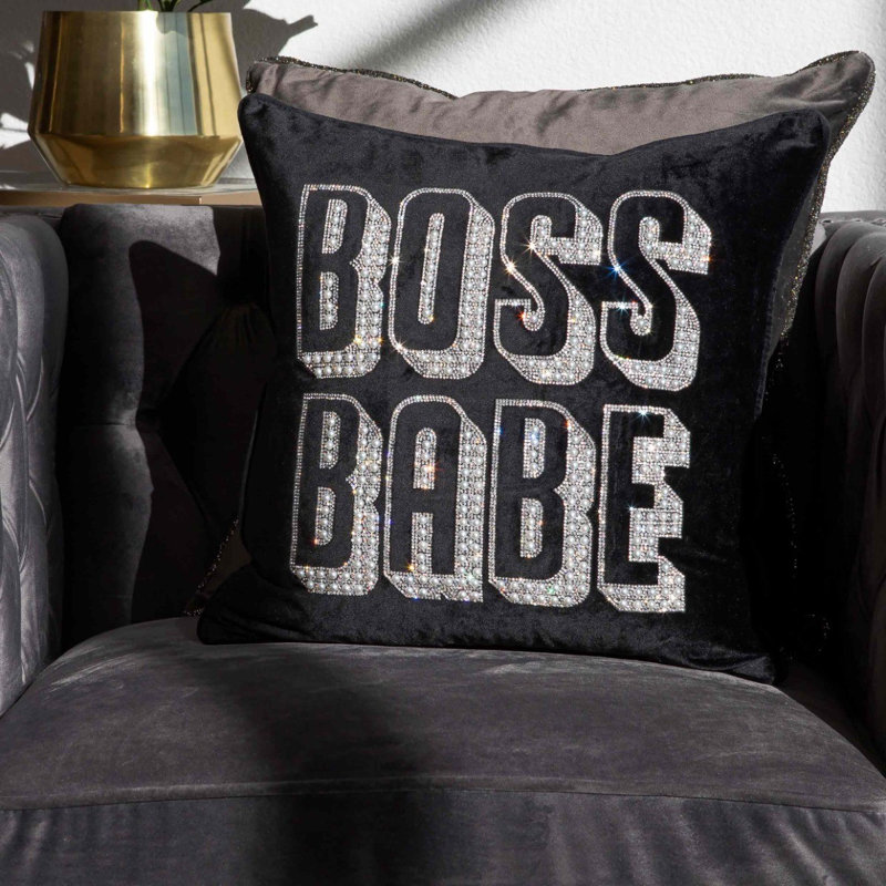 Sparkles Home Boss Babe 16" x 16" Velvet Throw Pillow | Glass Rhinestones | Feather Fill, Silver
