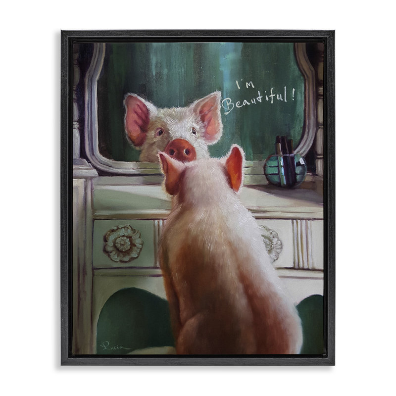 «I'm Beautiful Pig in Mirror» par Lucia Heffernan, H 17 po x l 21 po, Cadre flottant noir de jais