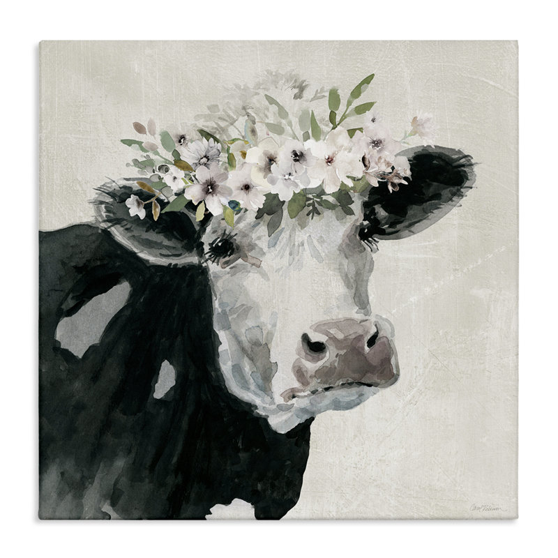 «Gazing Cow with Florals», art mural sur toile par Carol Robinson, H 30 po x l 30 po