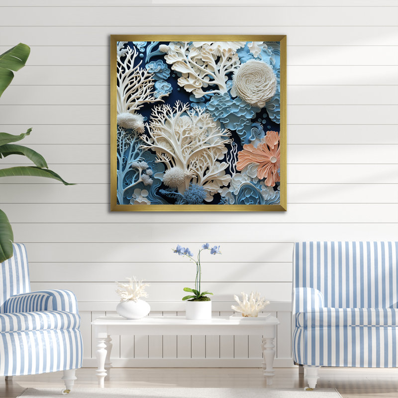 Under Water Blue and White Corals Collage I - Coastal, reproduction sur toile encadrée, H 36 po x l 36 po x P 1,5 po