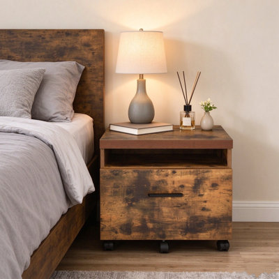 Industrial Style File Cabinet with Drawer and Open Shelf,Weathered Oak Wood Finish,Rolling Casters for Home Office